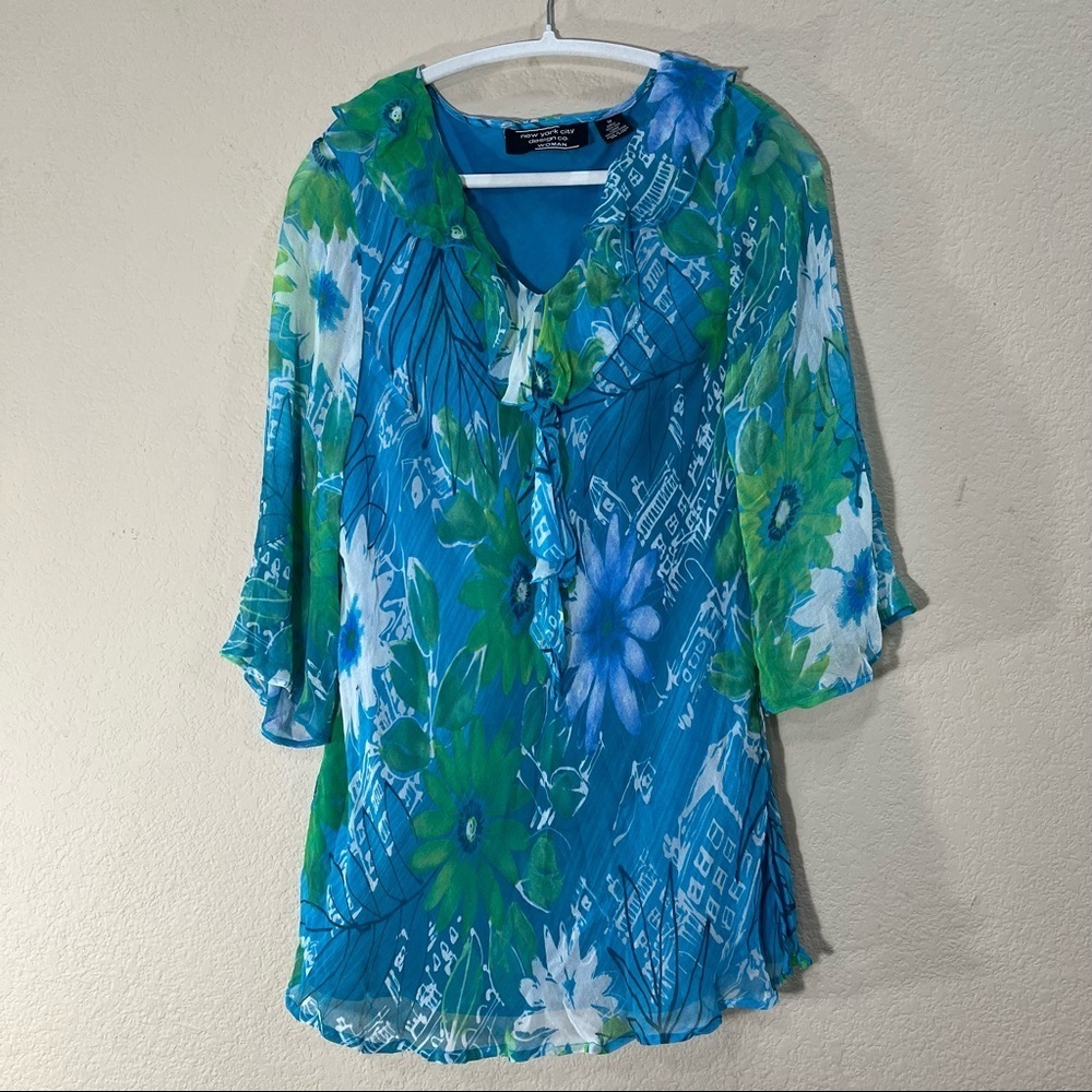 NEW YORK CITY DESIGN CO VTG SZ XL 100% SILk TOP PULLOVER MULTI BLUE RUFFLE BOHO